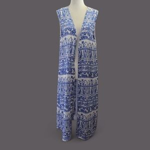 Gianni Bini Blue and White Paisley  Sleeveless Open Front Duster Vest
